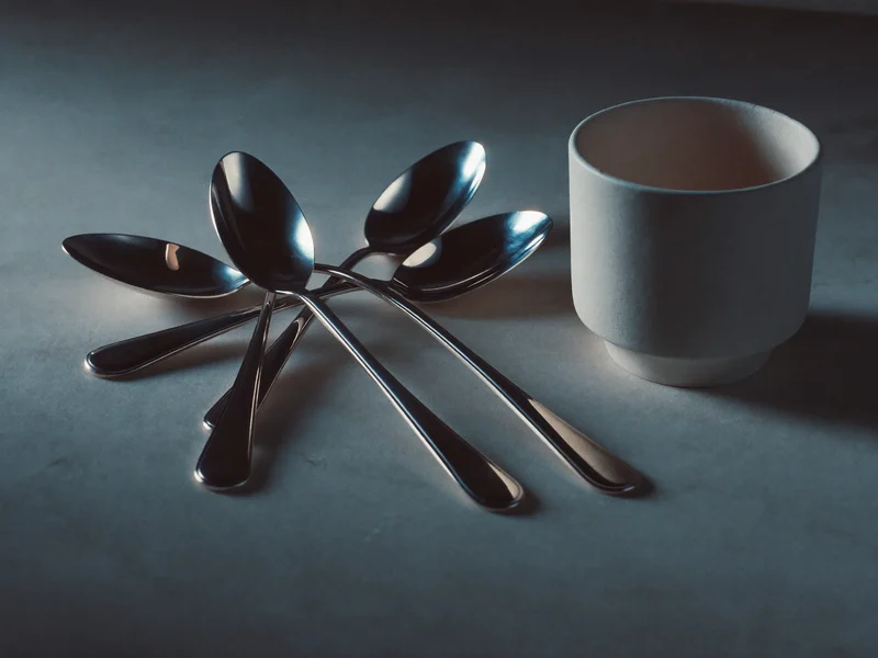 Dessertskeer og teskeer med slanke skafter på lys sten ved siden af en hvid kop