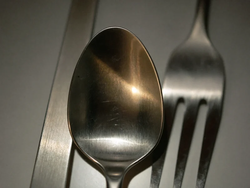 Makro af en poleret skeblad og gaffelspidser med spejlinger og børstet metalstruktur